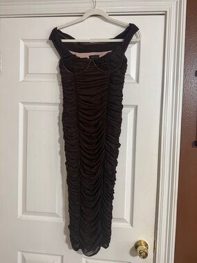 MAJORELLE Brown Ruched Midi Dress